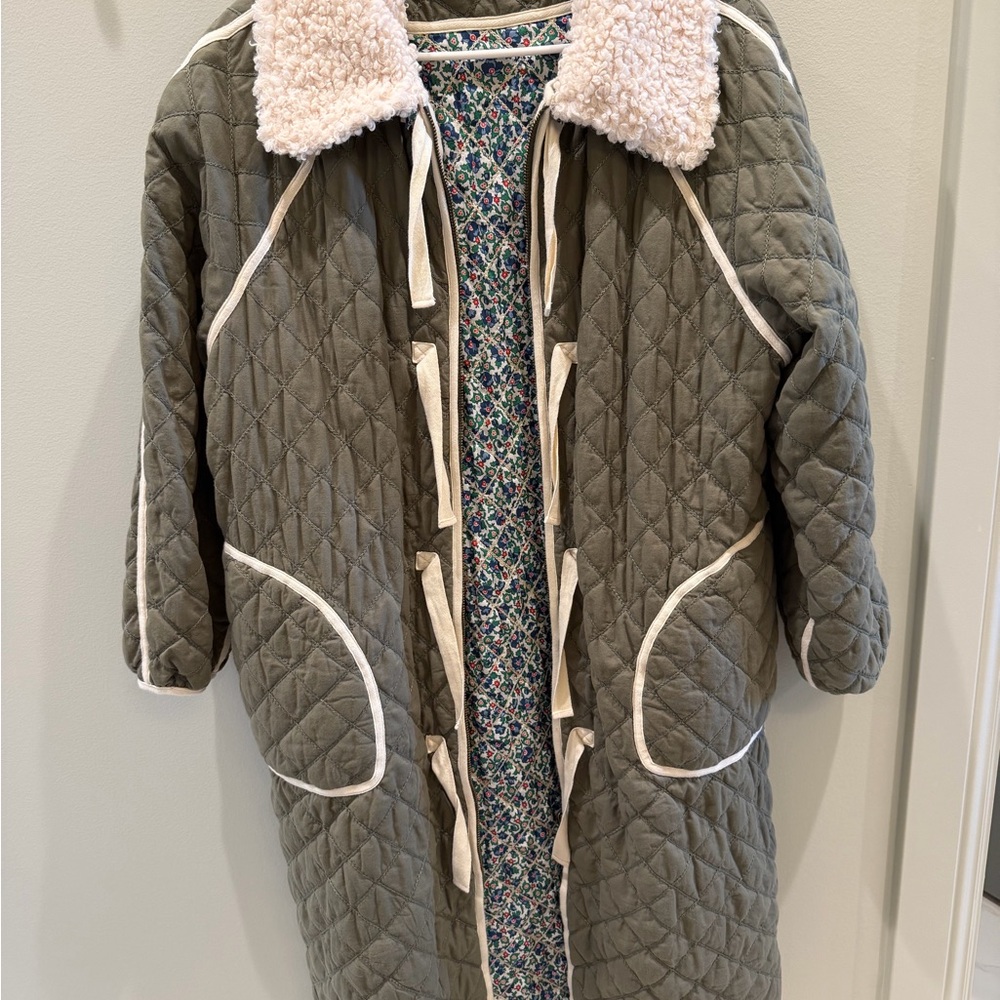 THE GREAT. Quilted Olive Green Coat with Cream Details